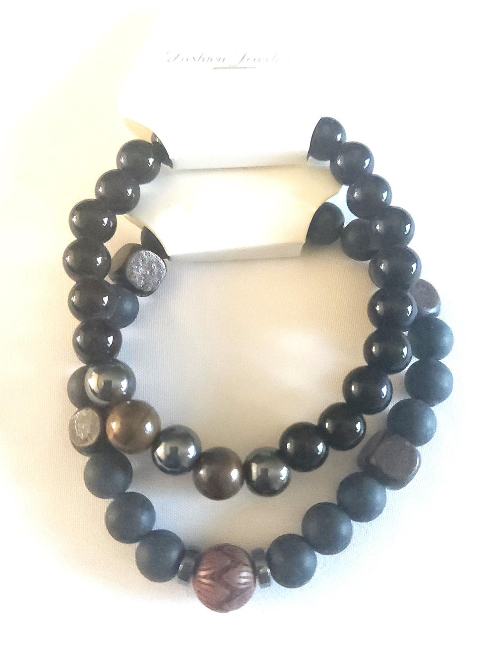 Beaded Stretch Bracelet Set - Black with Bronze Accents